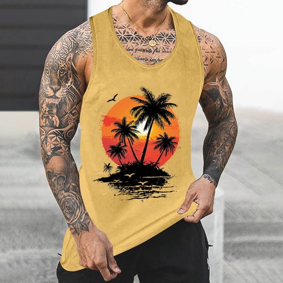 WAENQINLA Big and Tall Tank Tops for Men Vacation Sleeveless Summer Tops Casual Crew Neck Palm Tree Graphic Beach Shirts