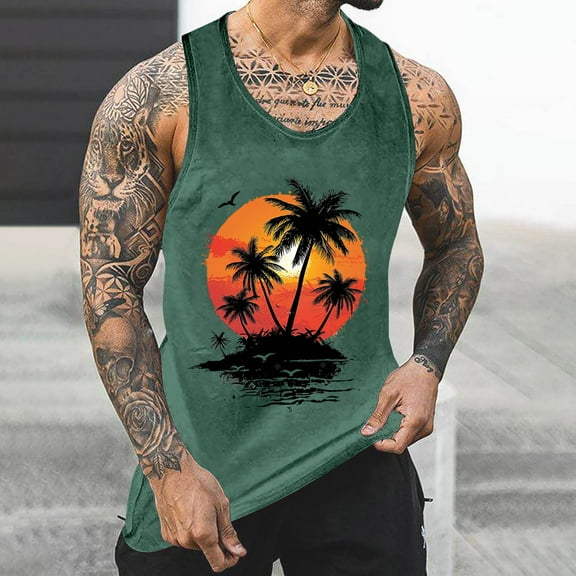 WAENQINLA Big and Tall Tank Tops for Men Vacation Sleeveless Summer Tops Casual Crew Neck Palm Tree Graphic Beach Shirts