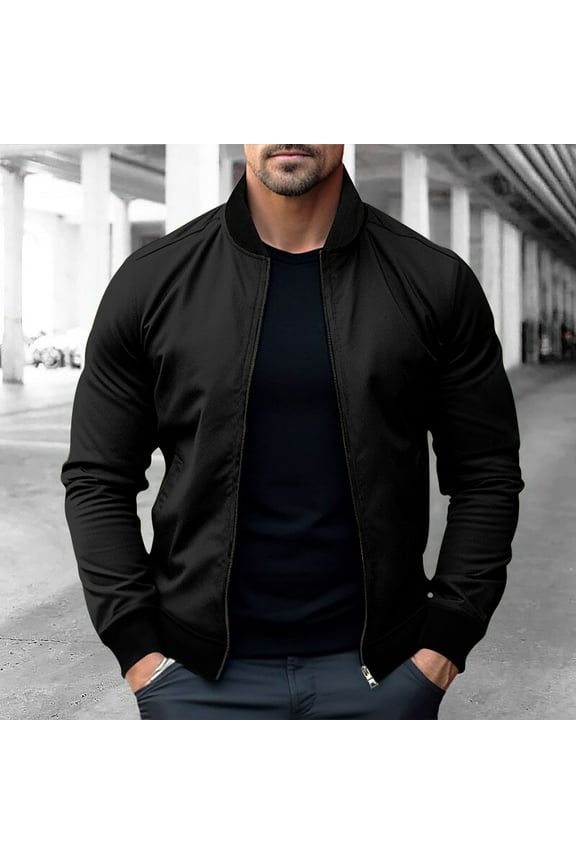 Bomber Jacket Men Winter Causal Lightweight Zip Up Cropped Jackets Solid Long Sleeve Windbreaker Coat Jacket with Pockets Fashion Spring Fall Clothes