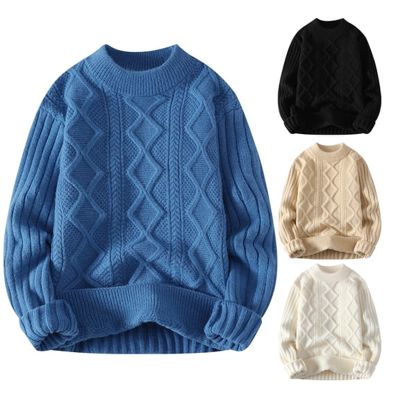 WAENQINLA Cable Knit Sweaters for Men Oversized Chunky Crewneck Pullover Tops Winter Warm Solid Long Sleeve Knitted Sweaters