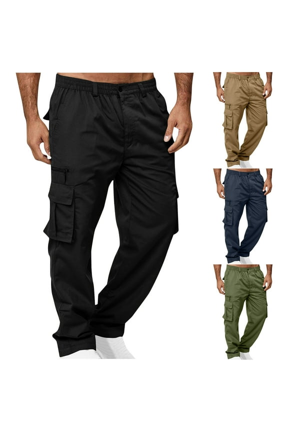 Cargo Pants for Men Solid Casual Multiple Pockets Outdoor Straight Type Fitness Pants Elastic Waist Zipper Button Trousers