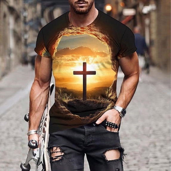 WAENQINLA Casual T-Shirts Men Short Sleeve Round Neck Stretchy Tops Soft Comfortable Faith Shirts 3D Printed Cross Tee Shirt Yellow T Shirts,Size M-5XL