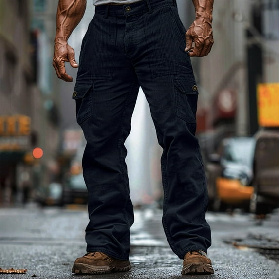 WAENQINLA Corduroy Pants Men Winter Casual Warm Cargo Pants with Pockets Button Loose Athletic Work Pants Dark Blue L