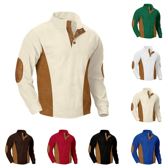 WAENQINLA Corduroy T Shirts for Men Long Sleeve Color Block Henley Shirts Elbow Padded Quarter Snap Button Pullover Tops Coffee S