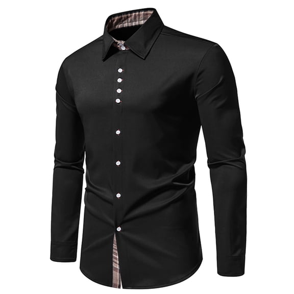 WAENQINLA Dress Shirt for Men Business Office Long Sleeve Tops Plaid Color Block Collared Lapel Button Up Jackets Black S
