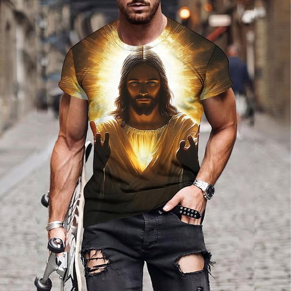 WAENQINLA Easter Shirt Men Short Sleeve Jesus Graphic Tee Casual Round Neck Stretchy Church T-Shirts Gold T Shirts,Size M-5XL