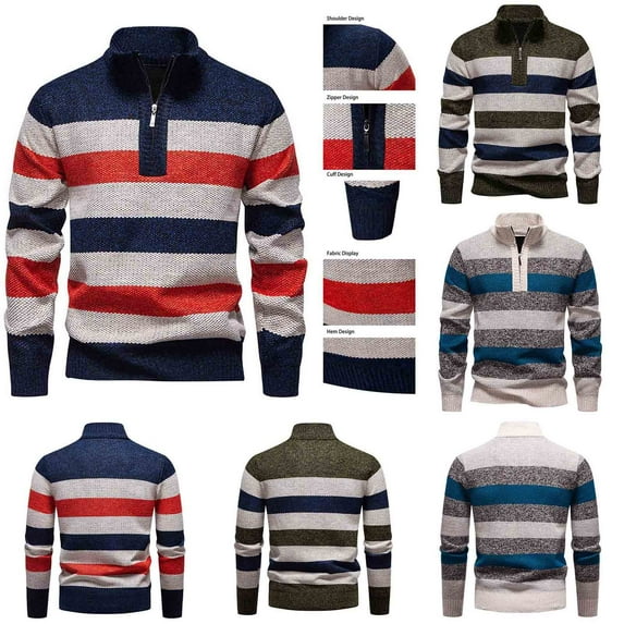 WAENQINLA Fashion Half Zip Mock Neck Sweaters for Men Striped Color Block Long Sleeve Pullover Tops Beige XL
