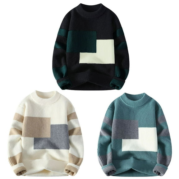 WAENQINLA Fashion Knitted Sweaters for Men Korean Style Color Block Long Sleeve Knit Sweaters Winter Outdoor Walking Thicken Pullover Tops Black XL