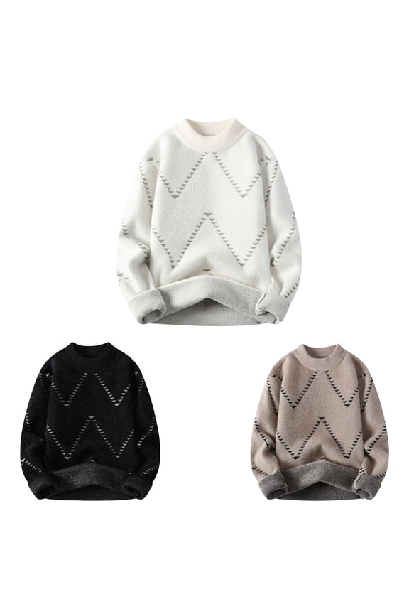 Fashion Sweaters Men Long Sleeve Mock Neck Chunky Knit Sweater Wave Shape Design Winter Casual Warm Pullovers Black XL