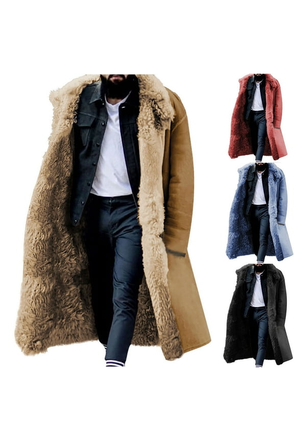 Fleece Lined Overcoats for Men Winter Warm Thicken Fluffy Faux Fur Long Jackets Sherpa Lined Trench Coats