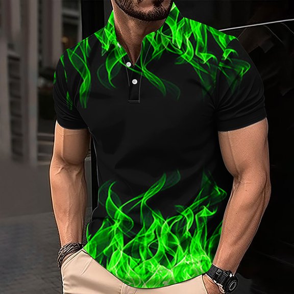 WAENQINLA Golf Shirts for Men Fashion Flame 3D Printed Lapel Collared Shirt with Button Casual Short Sleeve Pullover Tops