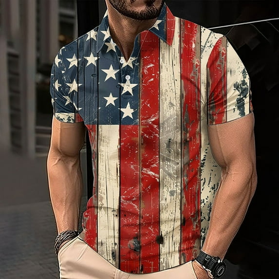WAENQINLA Golf Shirts for Men Novelty American Flag Print Tees Comfortable Independence Day Short Sleeve Tennis Shirts with Button,Size XS-4XL