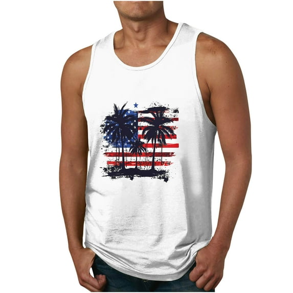 WAENQINLA Graphic Tank Tops Men Big and Tall Usa Flag and Palm Tree Printed Muscle Shirt Summer Sleeveless Workout Tank Top