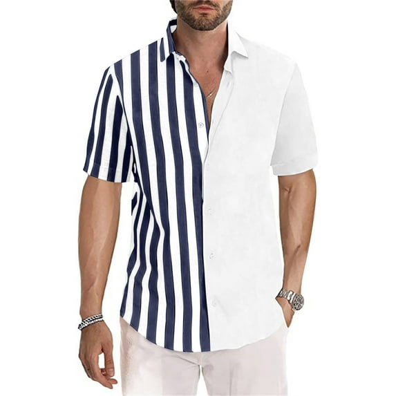 WAENQINLA Hawaiian Shirt for Men Big and Tall Striped Graphic Beach Shirts Holiday Top Comfy Cuban Collared Short Sleeve Shirts Casual Button Down Shirts Mens Bowling Shirts