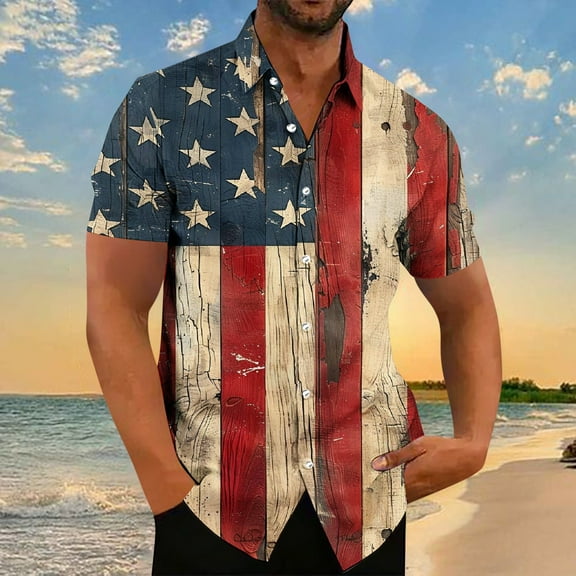 WAENQINLA Hawaiian Shirt for Men Big and Tall American Flag Button down Shirts Summer Crewneck Short Sleeve Patriotic Tshirt