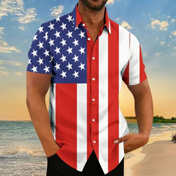 WAENQINLA Hawaiian Shirts for Men 4th of July Holiday Tops Big and Tall Button down Shirt Short Sleeve Summer Beach Shirts