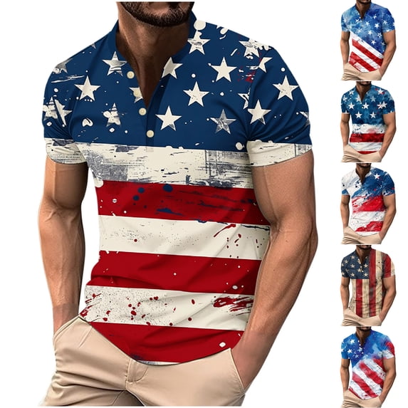 WAENQINLA Henley Shirts for Men Big and Tall 4th of July American Flag Patriotic Shirt Short Sleeve Button up Independence Day Shirt