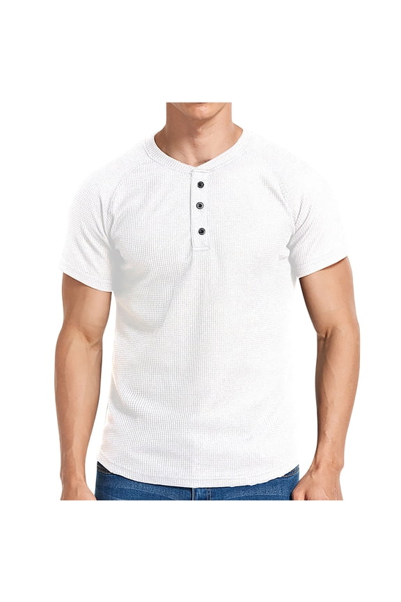 Henley Shirts for Men Comfortable Crewneck Short Sleeve T-Shirt with 3 Button Raglan Sleeve Knit Textured Tees
