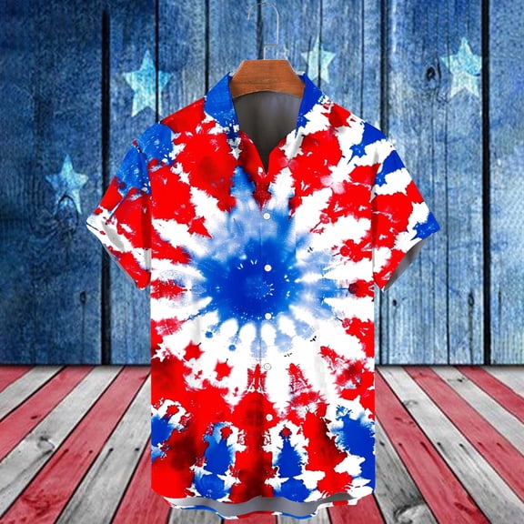 WAENQINLA Independence Day Hawaiian Shirt for Men Short Sleeve USA Memorial Day Shirts Tie Dye Printed Summer Casual Button down Shirts