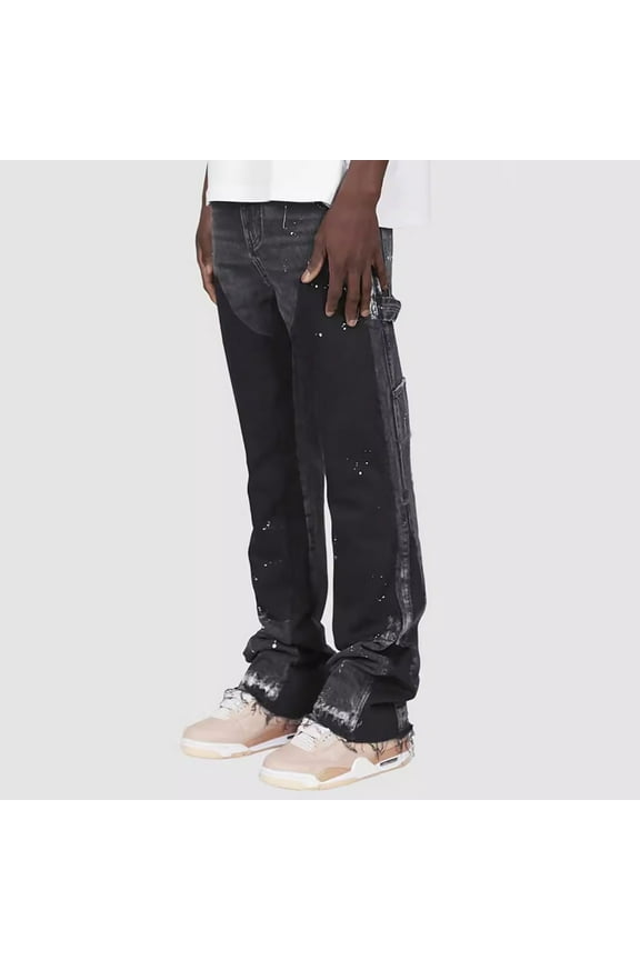 Jeans for Men Stacked Flared Jean Y2K Baggy Streetwear Trendy Denim Pants Mid Waist Button Loose Fit Hip Hop Jeans Patchwork Stylish Trousers