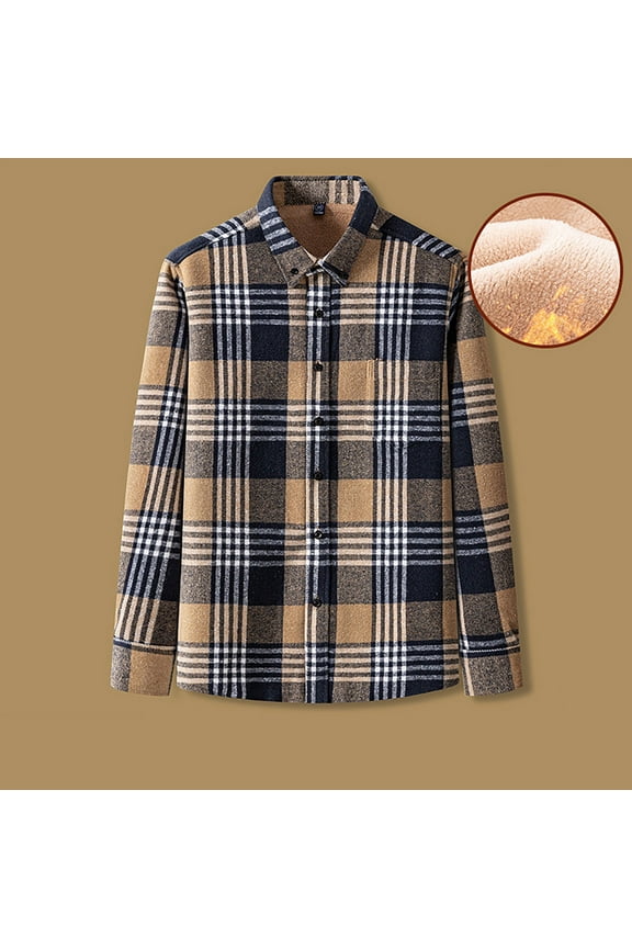 Long Sleeve T Shirt Men Plus Size Going Out Tops Plaid Collared Fleece Lined Shackets Button Up Tee Shirts Fall Jackets Khaki XXXL
