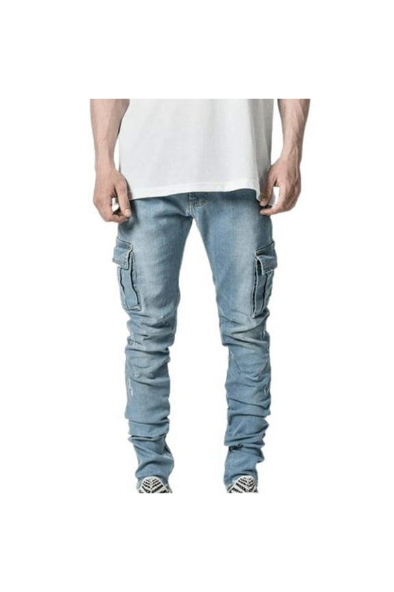 Low Rise Jeans for Men Slim Fit Stacked Denim Pants with Side Pockets Fashion Distressed Skinny Hip Hop Cargo Jean
