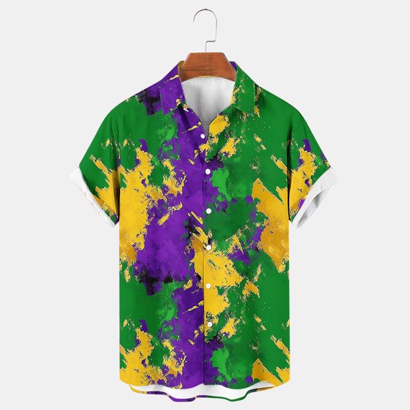 WAENQINLA Mardi Gras Hawaiian Shirt for Men Beach Holiday Button-down Shirt Short Sleeve Carnival Party Shirt Mardi Gras Outfits for Men