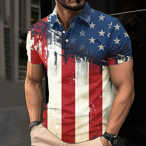 WAENQINLA Men American Flag Golf Shirts 4th of July Short Sleeve Patriotic Shirt Big and Tall Turn-Down Collar T-Shirts