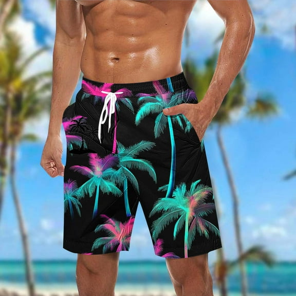 WAENQINLA Men Swim Trunks Drawstring Elastic Waist Quick Dry Beach Shorts with Pockets Tropical Palm Tree Print Swimwear Bathing Suits