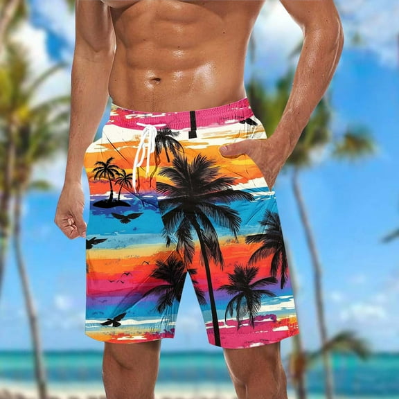 WAENQINLA Men Swim Trunks Drawstring Elastic Waist Quick Dry Beach Shorts with Pockets Tropical Palm Tree Print Swimwear Bathing Suits