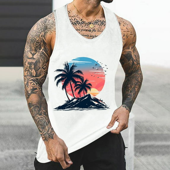 WAENQINLA Men Tank Tops Graphic Palm Tree Print Crewenck Basic Tank Shirt Hawaiian Summer Beach Loose Sleeveless Pullover