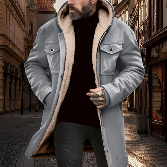 WAENQINLA Men Vintage Suede Coat Jackets Western Cowboy Lapel Long Sleeve Winter Long Jackets Patchwork Trucker Warm Casual Coat with Multi Pockets Gray M
