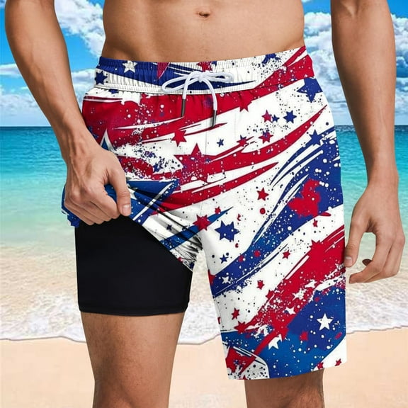 WAENQINLA Men's 4th of July Board Shorts Drawstring Quick Dry Swim Trunks with Liner Elastic Waist Summer Beach Shorts Swimwear