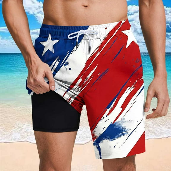 WAENQINLA Men's 4th of July Board Shorts with Liner Quick Dry Elastic Waist Drawstring Bathing Suits USA Flag Print Swim Shorts