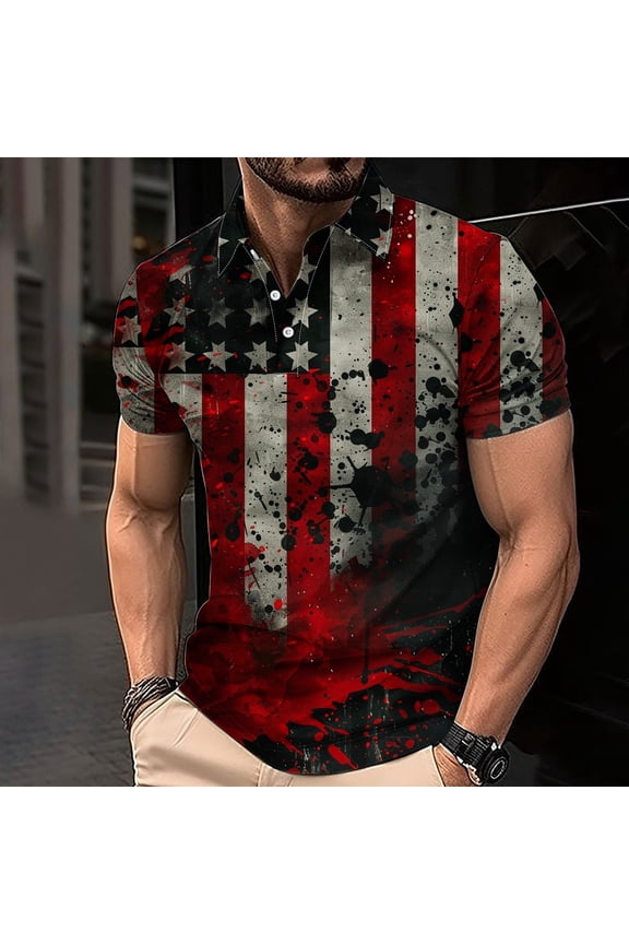 Men's American Flag Golf Shirts Vintage Star Stripes Print Independence Day Holiday Tops Short Sleeve Collared Shirt