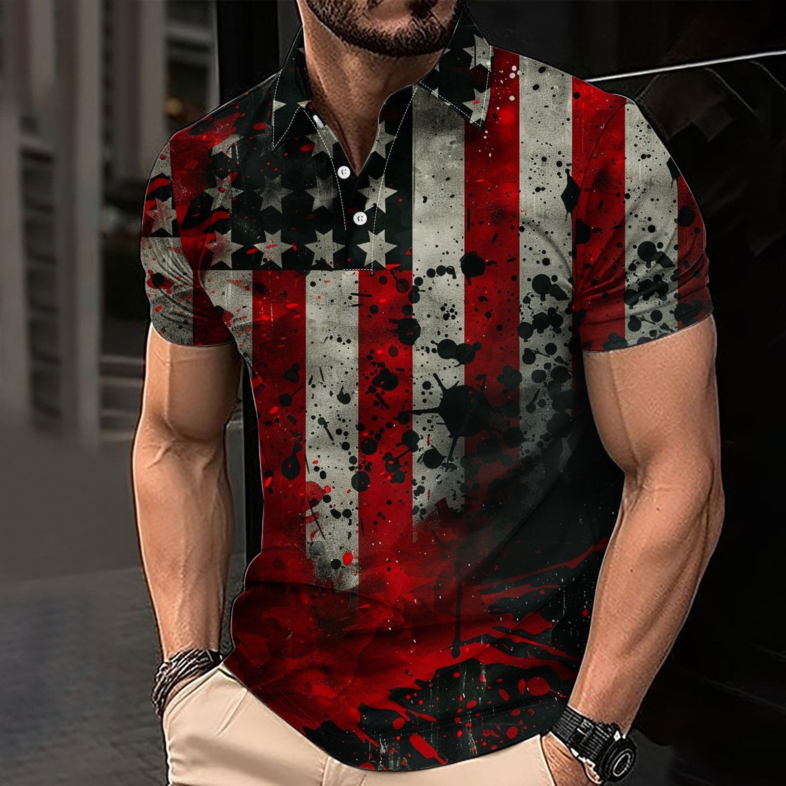 WAENQINLA Men's American Flag Golf Shirts Vintage Star Stripes Print ...