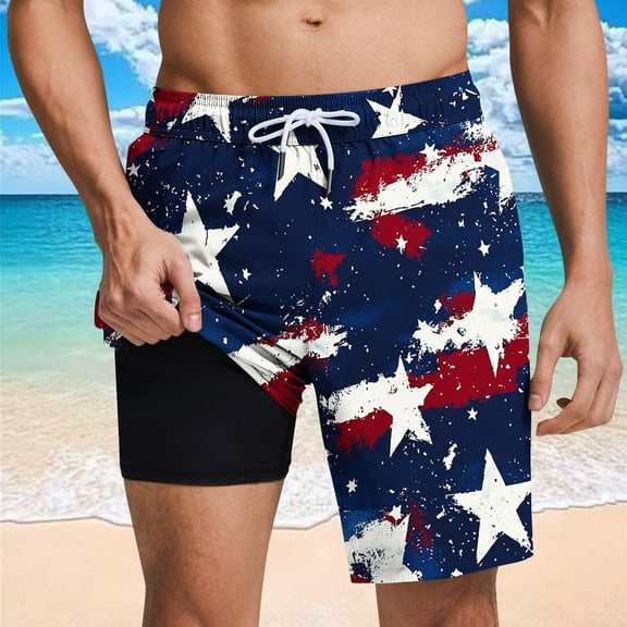 WAENQINLA Men's Beach Shorts Bathing Suits with Lining Quick Dry American Flag Swim Trunks Elastic Waist Drawstring Summer Swimming Shorts