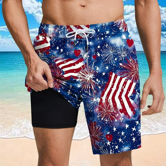 WAENQINLA Men's Beach Shorts Bathing Suits with Lining Men's Swimwear, American Flag Swim Trunks w/Pockets Quick Dry Board Shorts Men Shorts Under $6