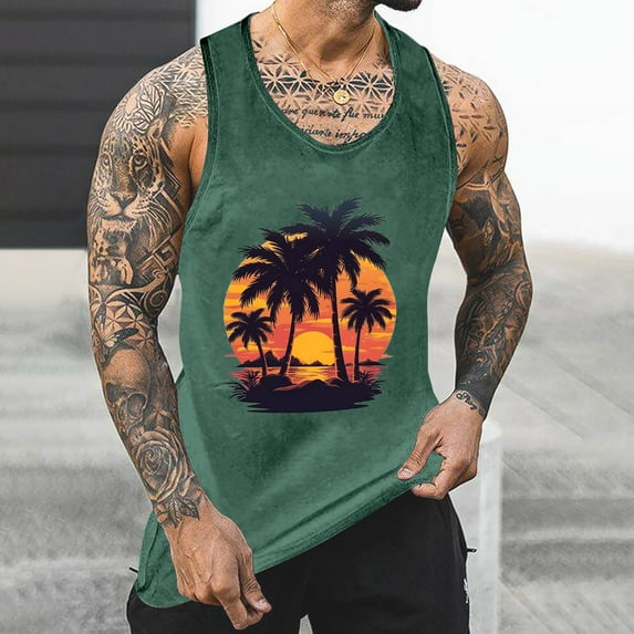 WAENQINLA Men's Beach Tank Tops Graphic Big and Tall Workout Gym Palm Tree Shirt Casual Vacation Sleeveless Muscle Vest,S-4XL