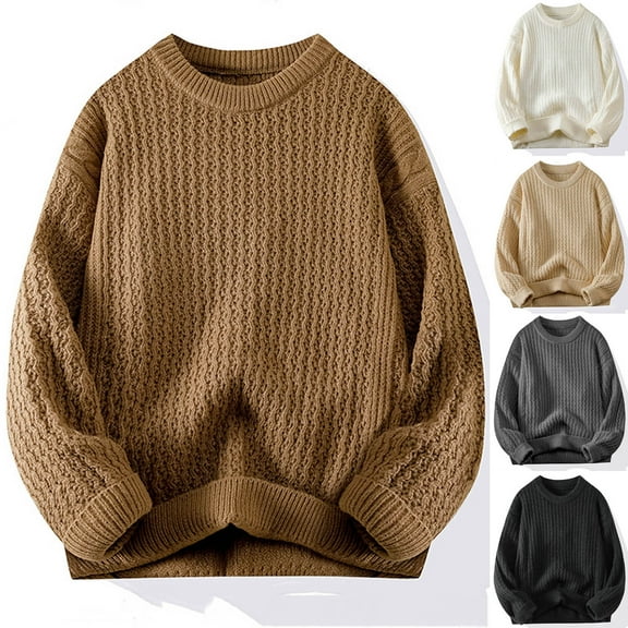 WAENQINLA Men's Cable Knit Sweaters Long Sleeve Crewneck Chunky Knitted Pullover Tops Winter Warm Casual Knitwear Outerwear Beige XXXL