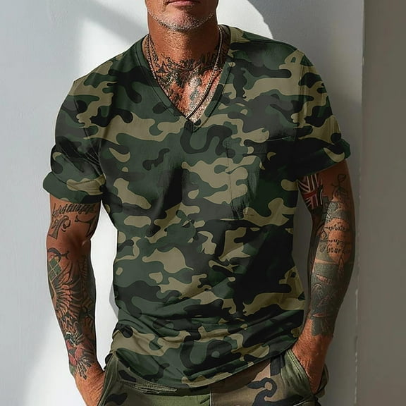 WAENQINLA Men's Camo T-Shirt Summer Camouflage Casual V-Neck T-Shirt with Pocket Casual Short Sleeve Fitness Stretchy T-Shirt