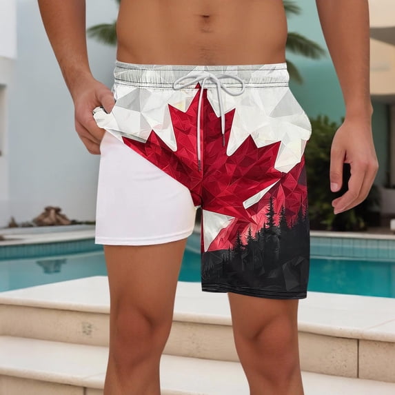 WAENQINLA Men's Canadian Maple Leaf Print Double Layer Swim Trunks Quick Dry Beach Shorts with Side Pockets Wine Shorts,Size S-2XL