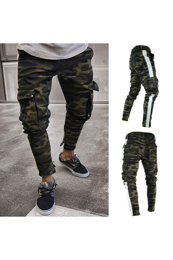 Men's Cargo Jogger Pants Fashion Camo Stretch Jeans with Side Pockets Slim Fit Denim Pants for Outdoor Sports