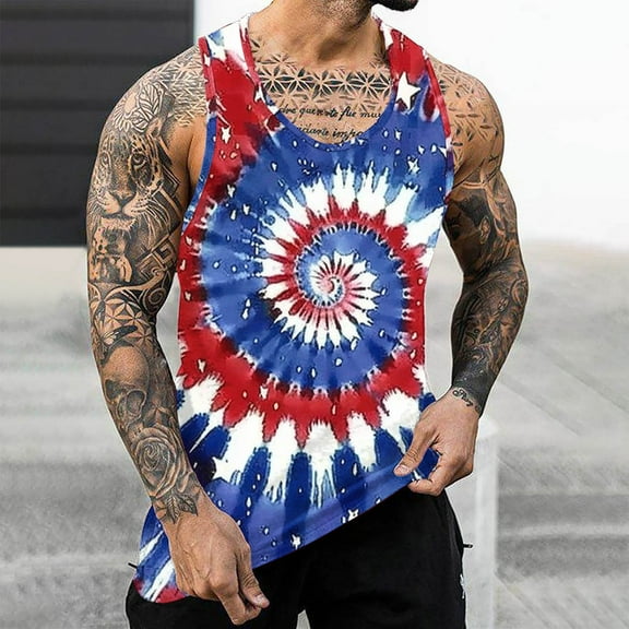 WAENQINLA Men's Casual American Flag Tank Tops Tie-Dye 4th of July Tank Top Summer Sleeveless Gym Workout Patriotic Tees