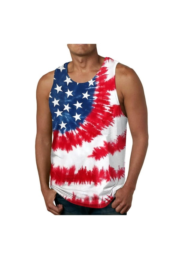 Men's Casual American Flag Tank Tops Tie-Dye USA Flag Graphic Gym Running Undershirts Gym Workout Patriotic Tees
