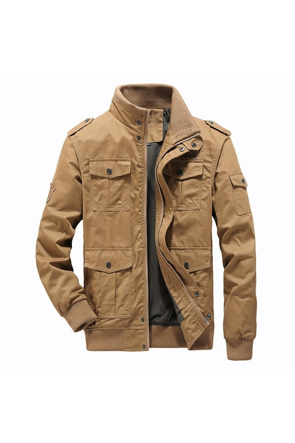 Men's Casual Cargo Jacket Slim Fit Multi Pockets Stand Collar Coat with Shoulder Straps Full Zip Motorcycle Outerwear