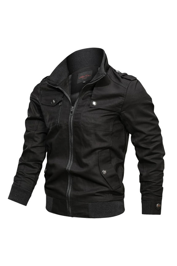 Men's Casual Jacket Lightweight Stand Collar Long Sleeve Bomber Jackets Zipper Biker Coats with Shoulder Straps