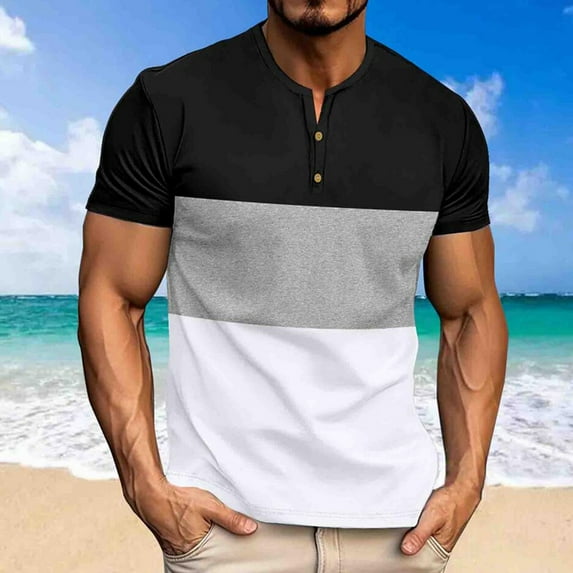 WAENQINLA Men's Color Block T Shirts Casual Short Sleeve T-Shirt Henley Shirt Regular Fit Notched V Neck Button Front Tee Tops