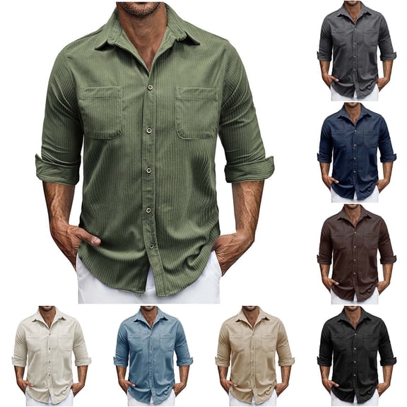WAENQINLA Men's Corduroy Shirt Jacket Casual Solid Color Button Up Shirts Long Sleeve Lightweight Shacket Overshirts with Pockets Coffee XL
