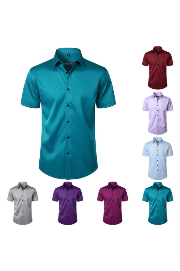 Men's Dress Shirts Button Down Lapel Collared Business Casual Shirts Summer Short Sleeve Solid Color Work Shirt Big and Tall Blue Shirts,Size S-4XL